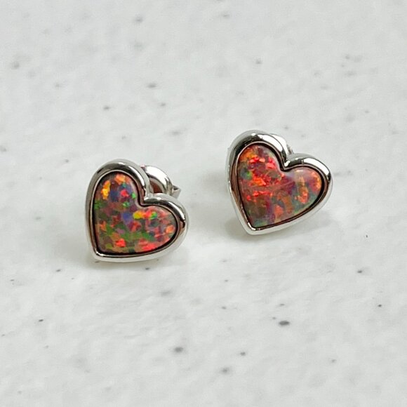QVC Opal Earrings 925 Sterling Silver 10mm Posts Red Opals Heart Studs - Picture 3 of 12